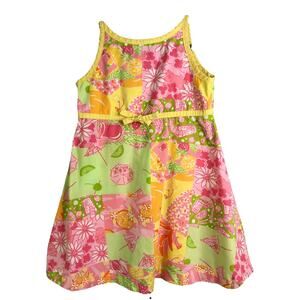 Lilly Pulitzer Dress Girls Size 6 Pink Yellow Trim Floral Boat Neck summer cute